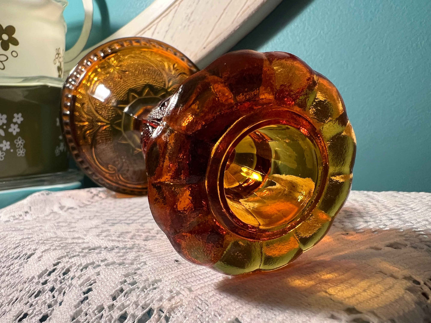 Vintage Tiara Sandwich Amber Candlestick | Tall Single Light | Pressed Glass