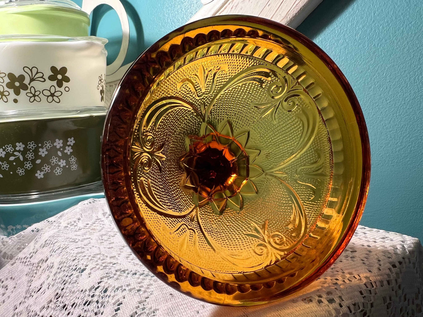 Vintage Tiara Sandwich Amber Candlestick | Tall Single Light | Pressed Glass