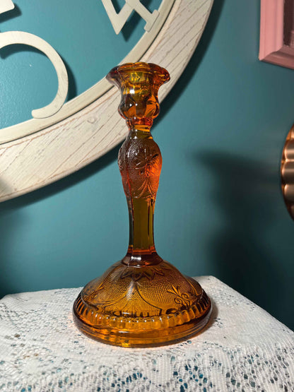 Vintage Tiara Sandwich Amber Candlestick | Tall Single Light | Pressed Glass