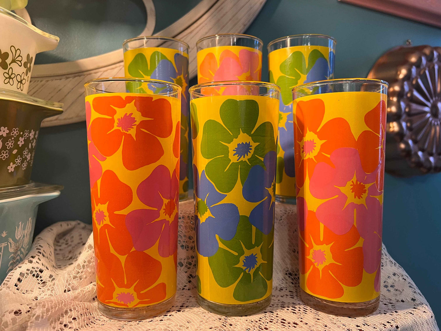 Tom Collins Glasses Set of 6| Flower Power Pattern | Vintage Mid-Century Glassware