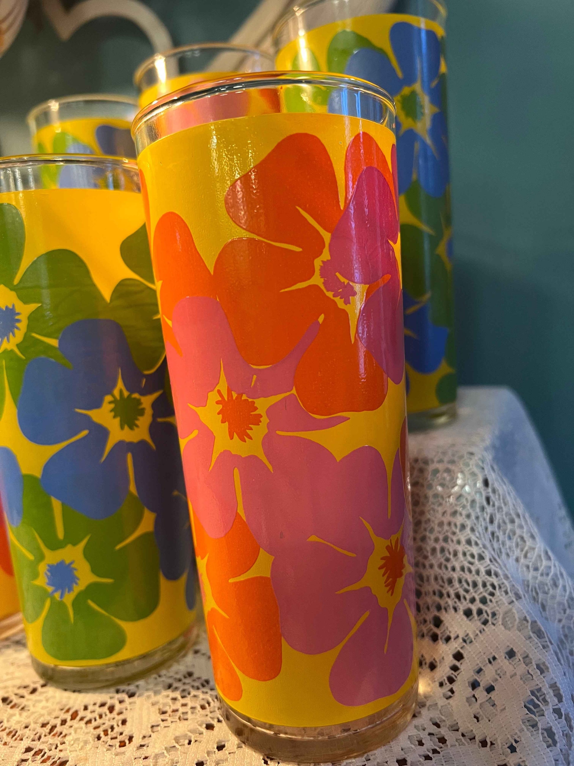 Tom Collins Glasses Set of 6| Flower Power Pattern | Vintage Mid-Century Glassware