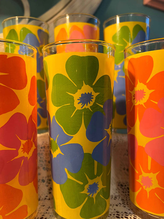 Tom Collins Glasses Set of 6| Flower Power Pattern | Vintage Mid-Century Glassware