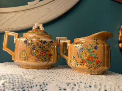 Vintage Trico Lusterware Creamer & Sugar Bowl Set | Japanese Hand-Painted Tableware