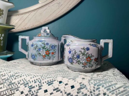 Trico Nagoya Hand-Painted Lusterware Sugar Bowl & Creamer Set | Vintage Japanese Dinnerware