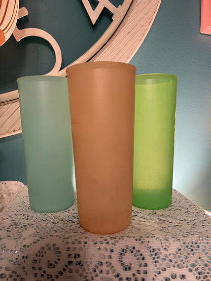 Vintage Tupperware 3 tall tumblers set in blue, green, and peach