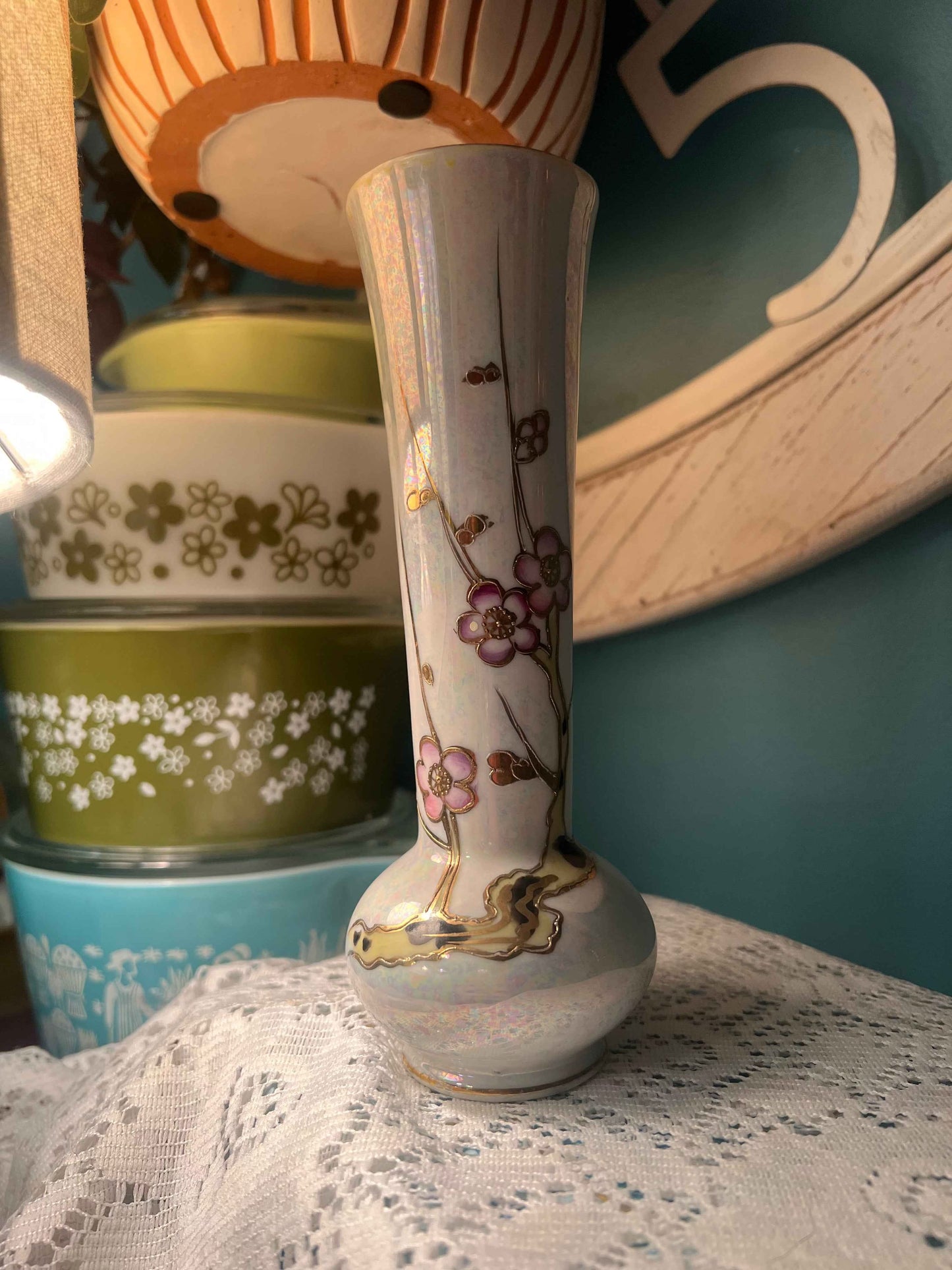 UCAGCO Hand-Painted Bud Vase | Pink Flowers & 22K Gold | Decorative Glassware