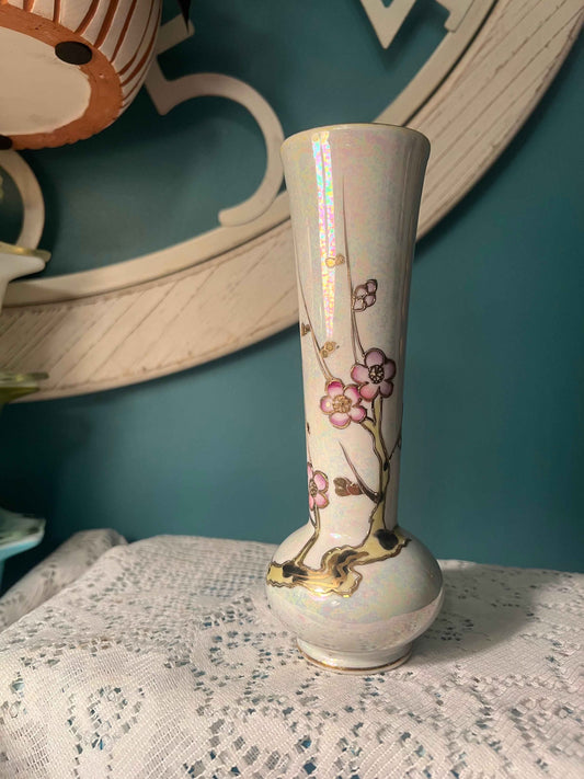 UCAGCO Hand-Painted Bud Vase | Pink Flowers & 22K Gold | Decorative Glassware