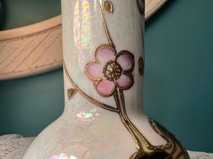 UCAGCO Hand-Painted Bud Vase | Pink Flowers & 22K Gold | Decorative Glassware