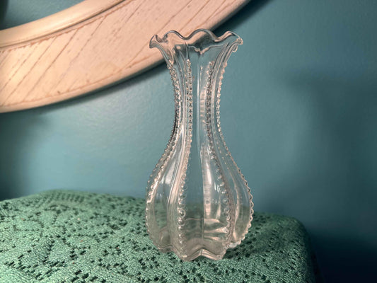 Vintage 8-Sided Beaded Edge Bud Vase | Ruffle Top Clear Glass | Hand-Blown Art Glass Decor