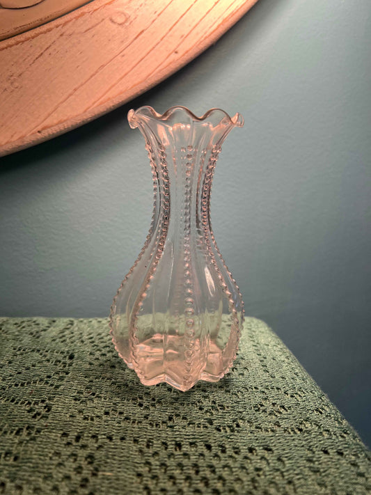 Vintage 8-Sided Beaded Edge Bud Vase | Ruffle Top Clear Glass | Hand-Blown Art Glass Decor