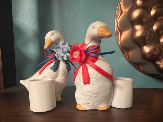 Vintage Ceramic Goose Candlestick Holders Set | Patriotic Red White Blue Decor | Festive Folk Art Figurines