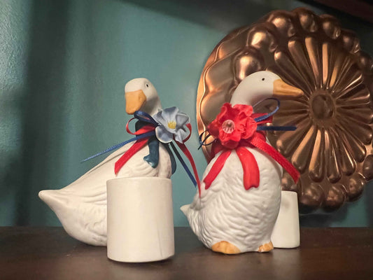 Vintage Ceramic Goose Candlestick Holders Set | Patriotic Red White Blue Decor | Festive Folk Art Figurines