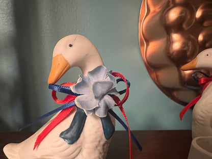 Vintage Ceramic Goose Candlestick Holders Set | Patriotic Red White Blue Decor | Festive Folk Art Figurines