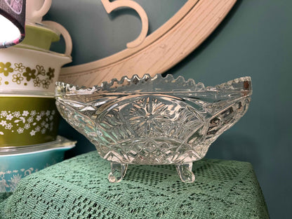 Vintage Oblong Crystal Bowl | Sawtooth Rim & Floral Pattern | Decorative Footed Fruit or Candy Dish