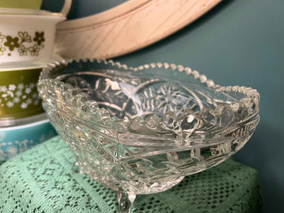 Vintage Oblong Crystal Bowl | Sawtooth Rim & Floral Pattern | Decorative Footed Fruit or Candy Dish