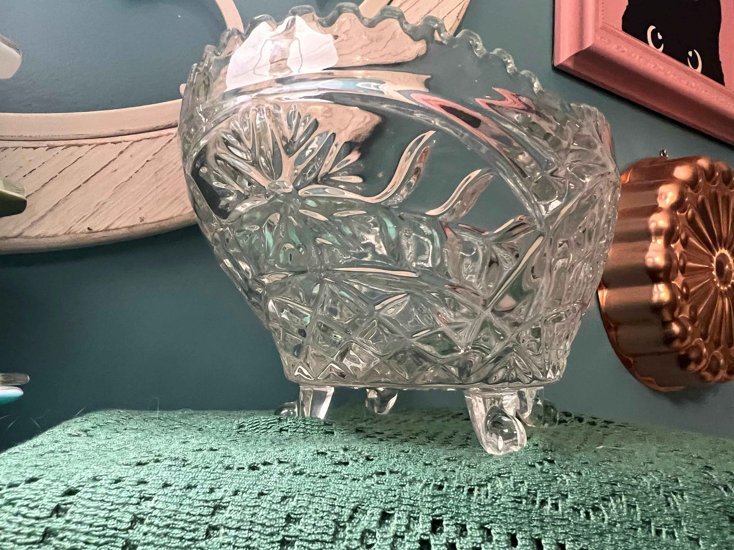 Vintage Oblong Crystal Bowl | Sawtooth Rim & Floral Pattern | Decorative Footed Fruit or Candy Dish