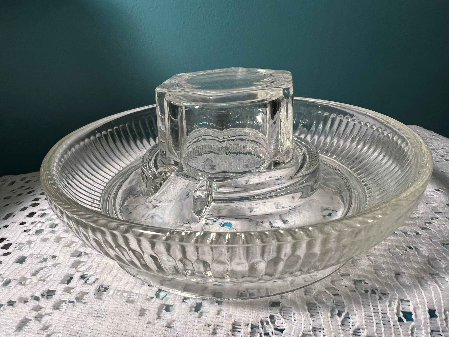 Vintage Clear Glass Chicken Waterer Base with Ribbed Edge | Vintage Glassware
