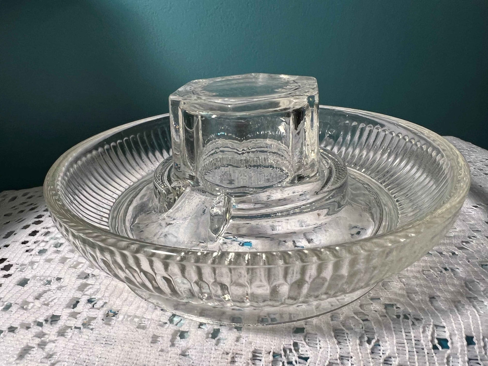 Vintage Clear Glass Chicken Waterer Base with Ribbed Edge | Vintage Glassware