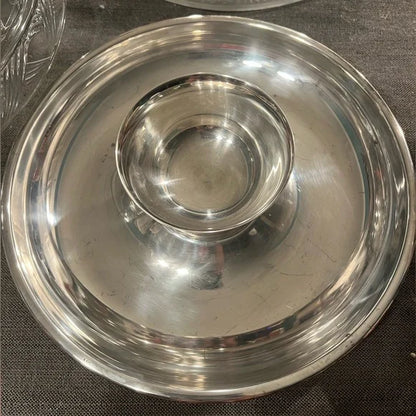 Vintage Sheridan silver plate 10.5” round dessert tray with matching condiment bowl
