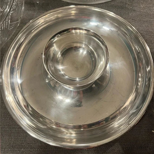 Vintage Sheridan silver plate 10.5” round dessert tray with matching condiment bowl