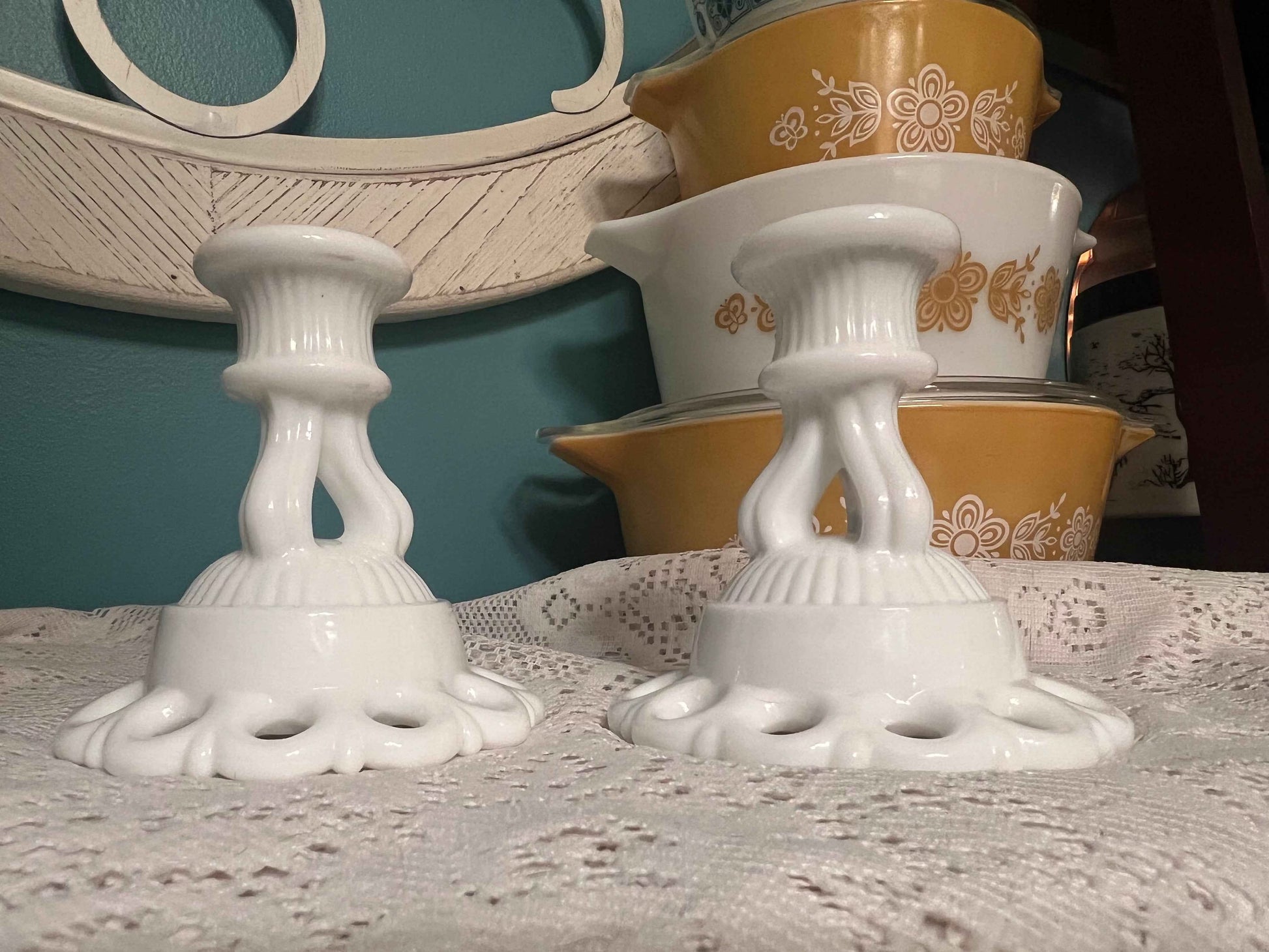 Vintage Westmoreland Milk Glass Candlesticks | Doric Open Lace | 4.5” Tall Pair
