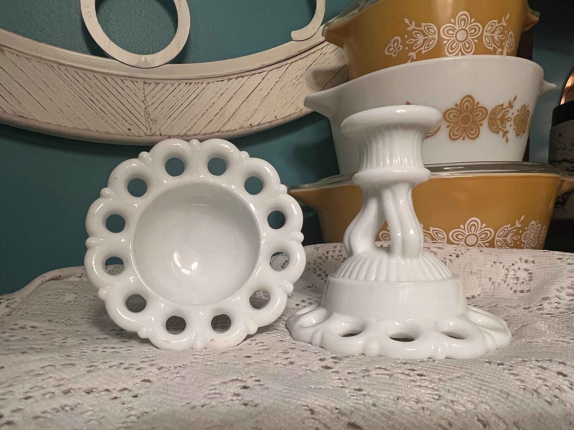 Vintage Westmoreland Milk Glass Candlesticks | Doric Open Lace | 4.5” Tall Pair