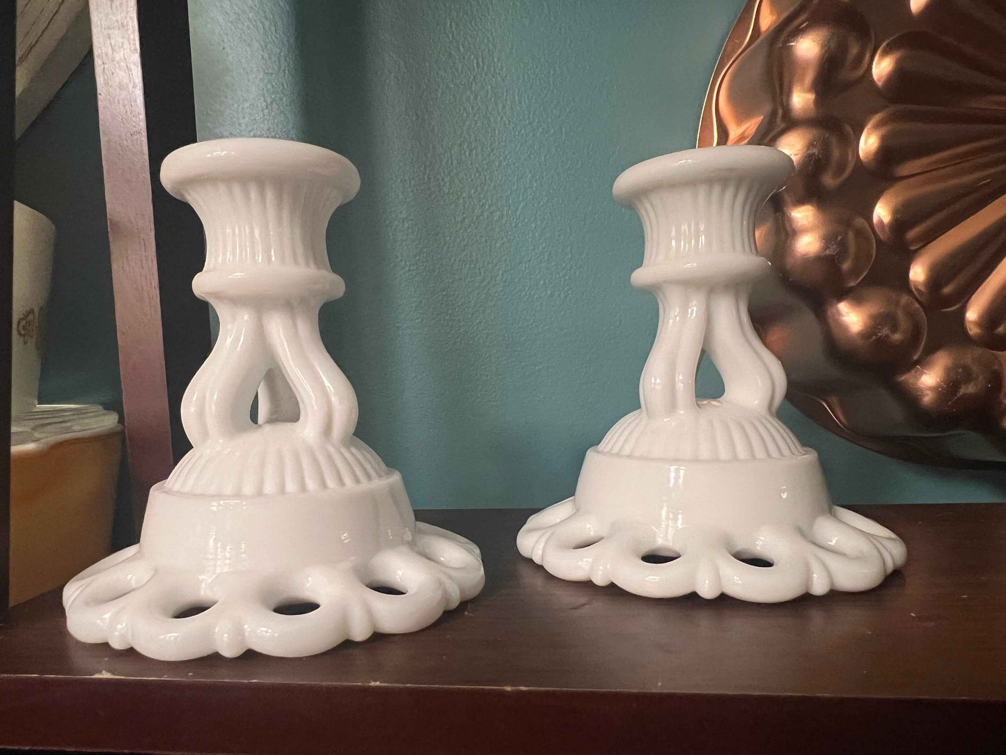 Vintage Westmoreland Milk Glass Candlesticks | Doric Open Lace | 4.5” Tall Pair