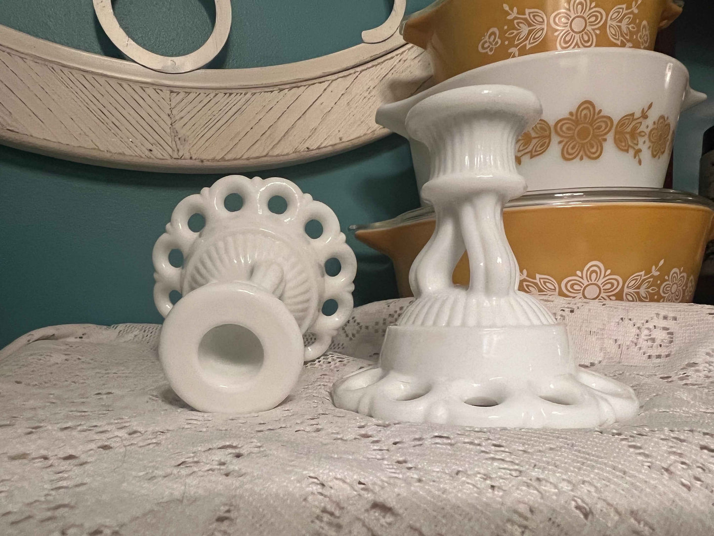 Vintage Westmoreland Milk Glass Candlesticks | Doric Open Lace | 4.5” Tall Pair