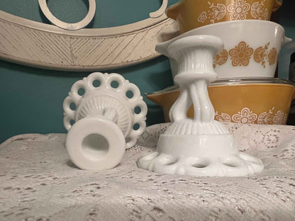 Vintage Westmoreland Milk Glass Candlesticks | Doric Open Lace | 4.5” Tall Pair