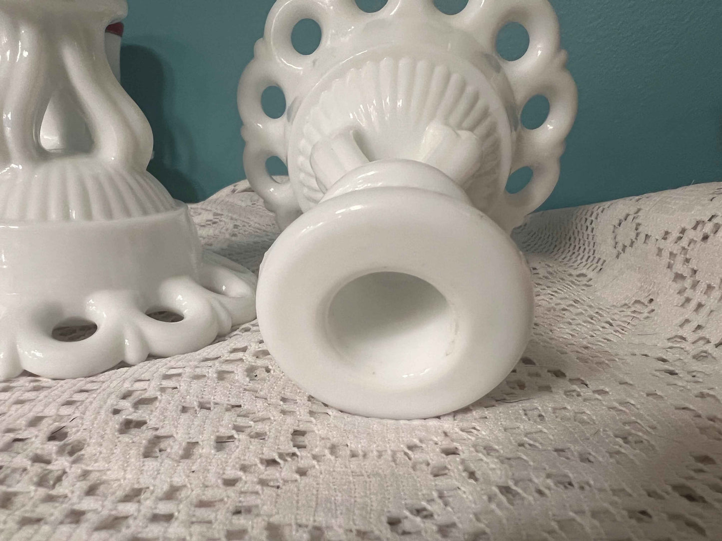 Vintage Westmoreland Milk Glass Candlesticks | Doric Open Lace | 4.5” Tall Pair